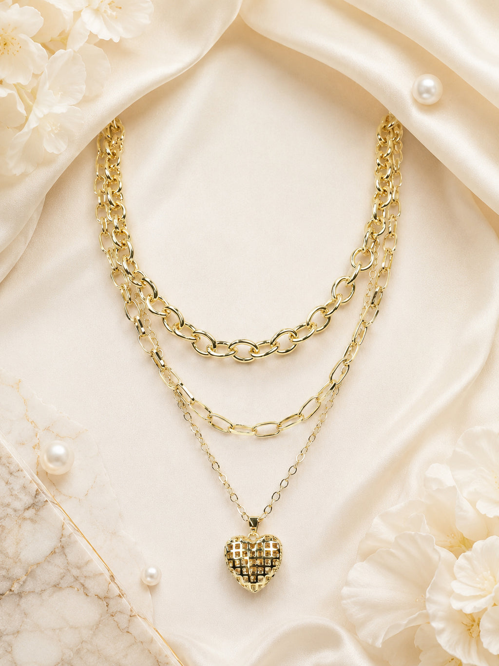 Aanura Layered Gold Chain Necklace with Waffle Heart Pendant