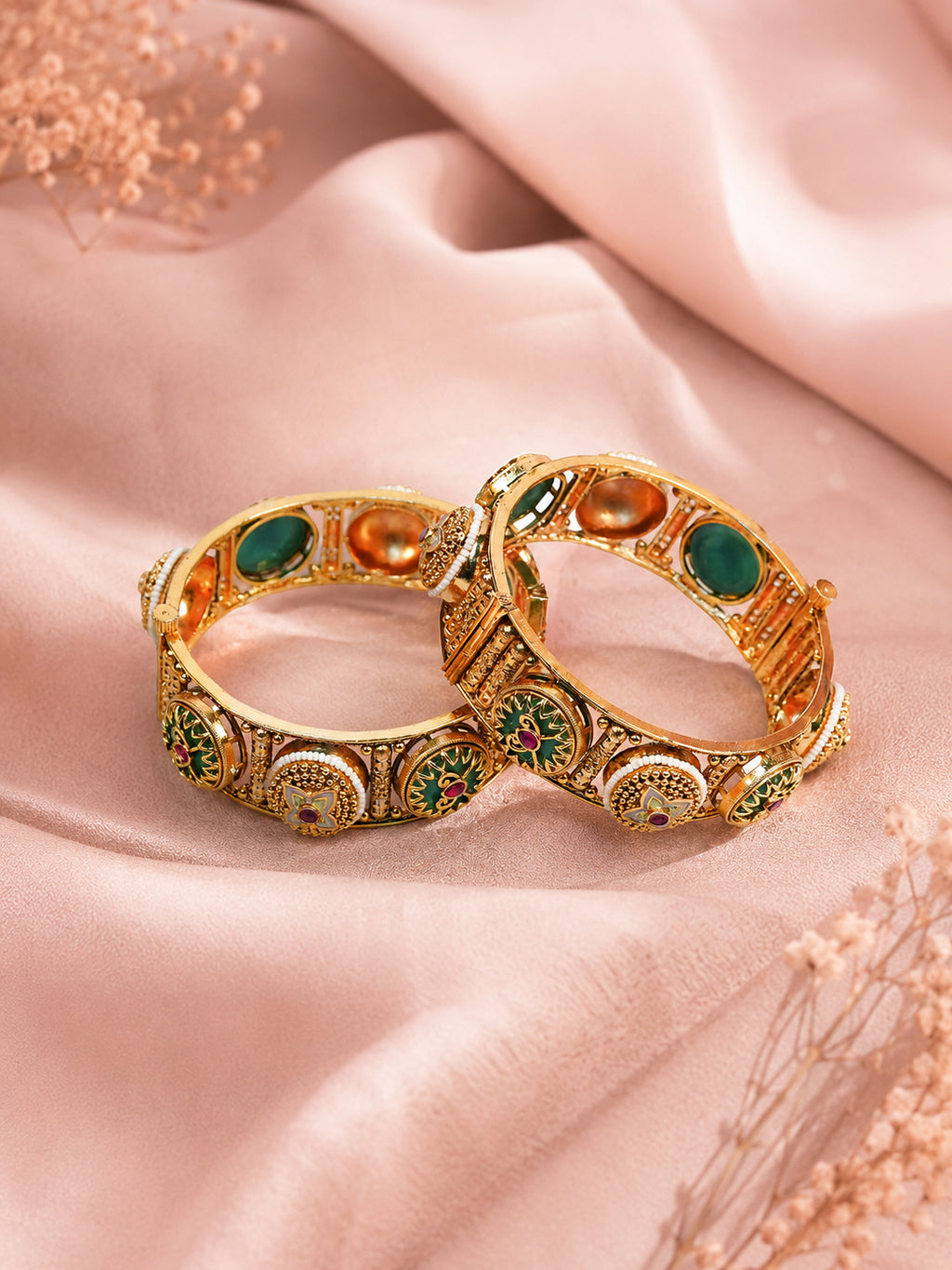 Aanura Gold Plated Antique Motif Stone Bangle