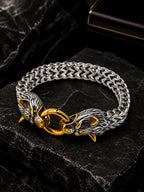 Rhodium-Plated Waterproof Dual-Tone Wolf Head Stainless Steel Bracelet for Men