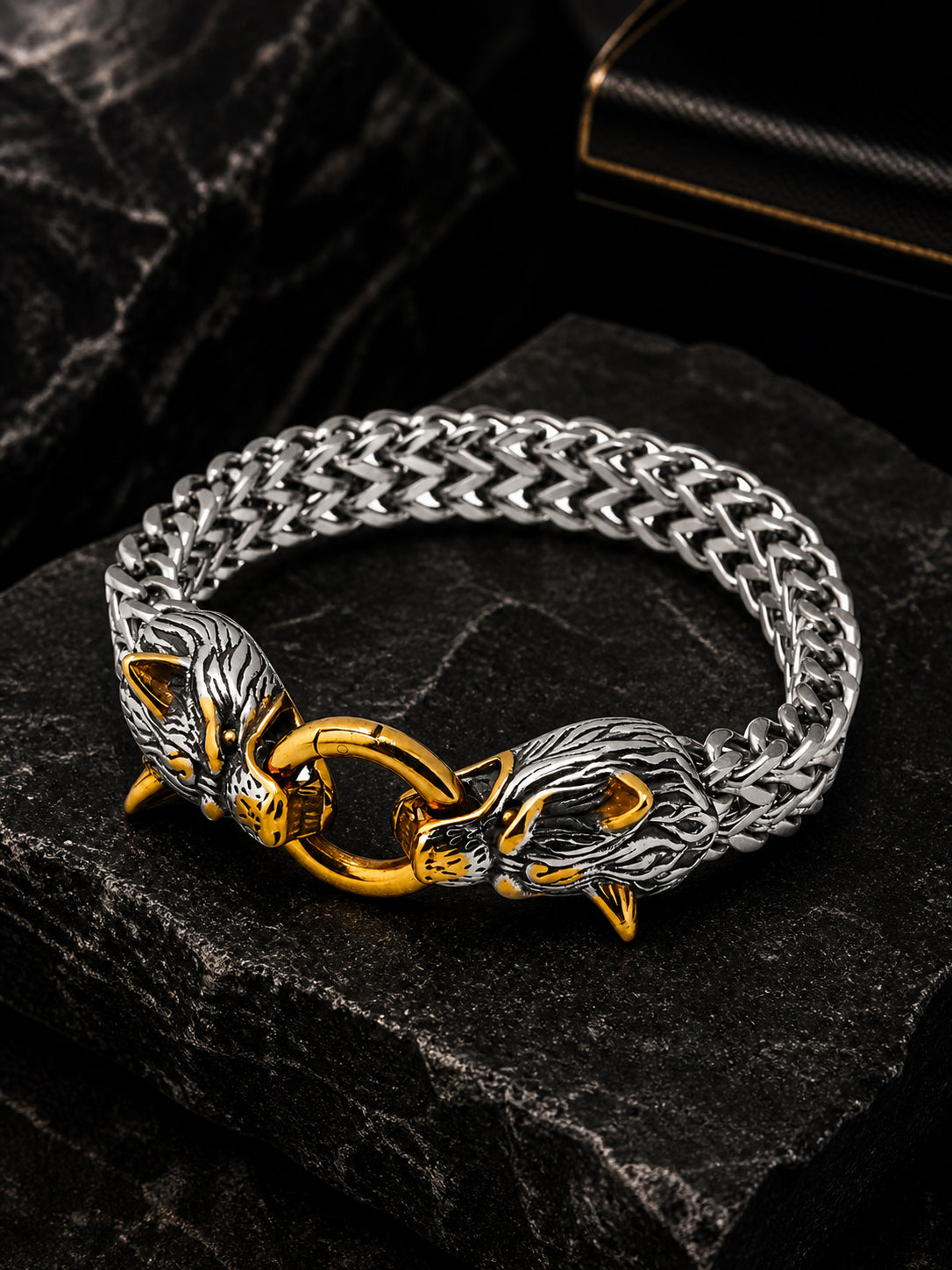 Aanura Dual-Tone Wolf Head Bracelet For Men's