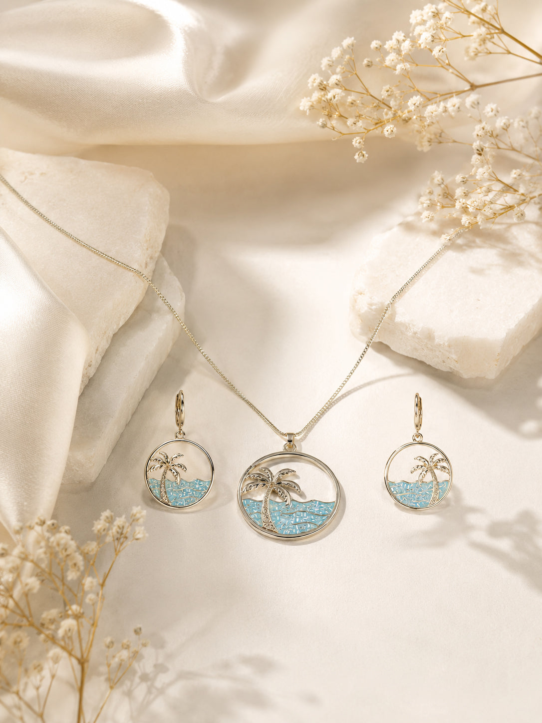 Aanura Palm Tree Ocean Necklace & Earrings Set