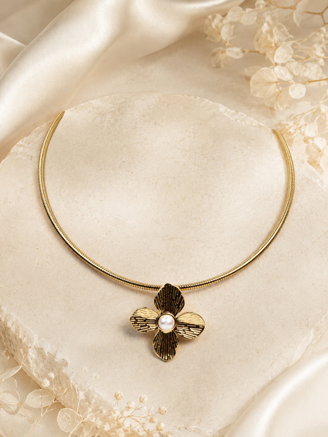 Aanura Gold Choker Necklace with Pearl Flower Pendant