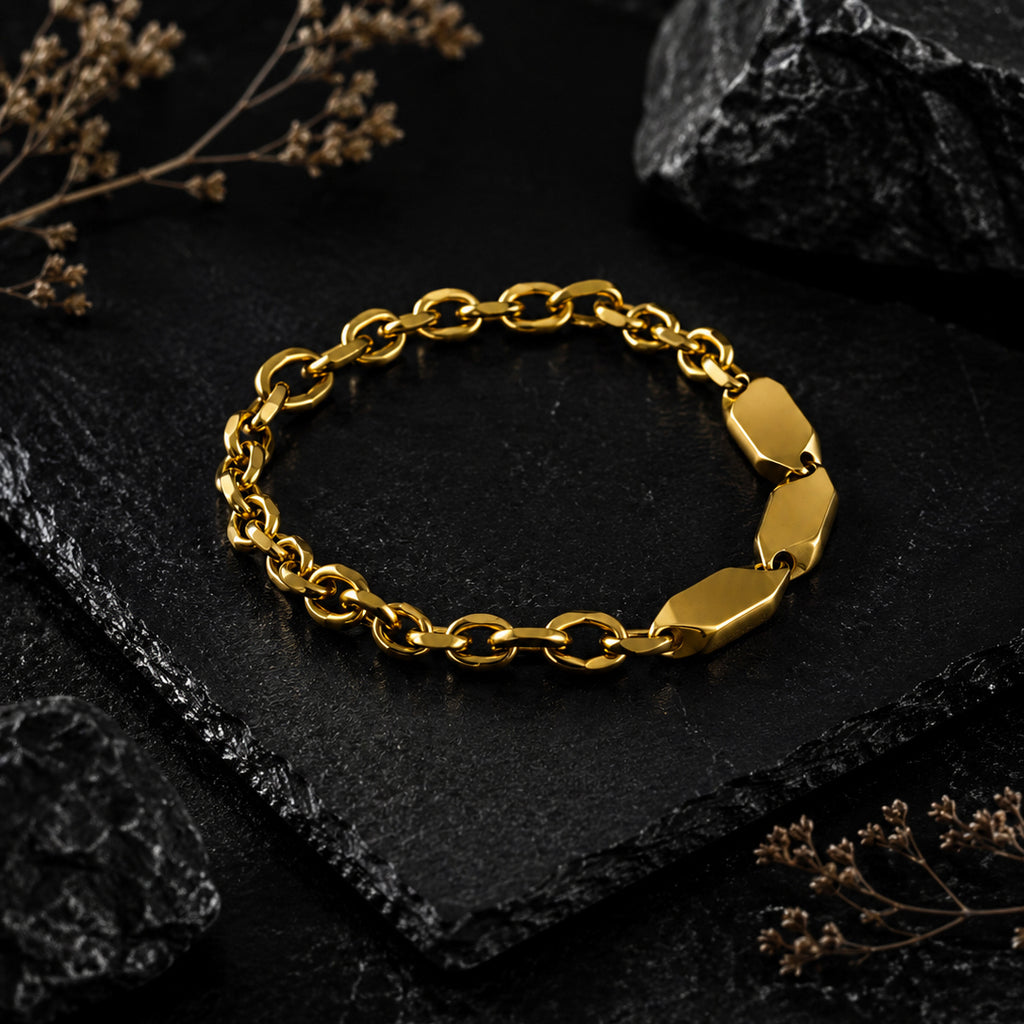 Gold Curb Chain & Geometric Link Bracelet Combo for Men