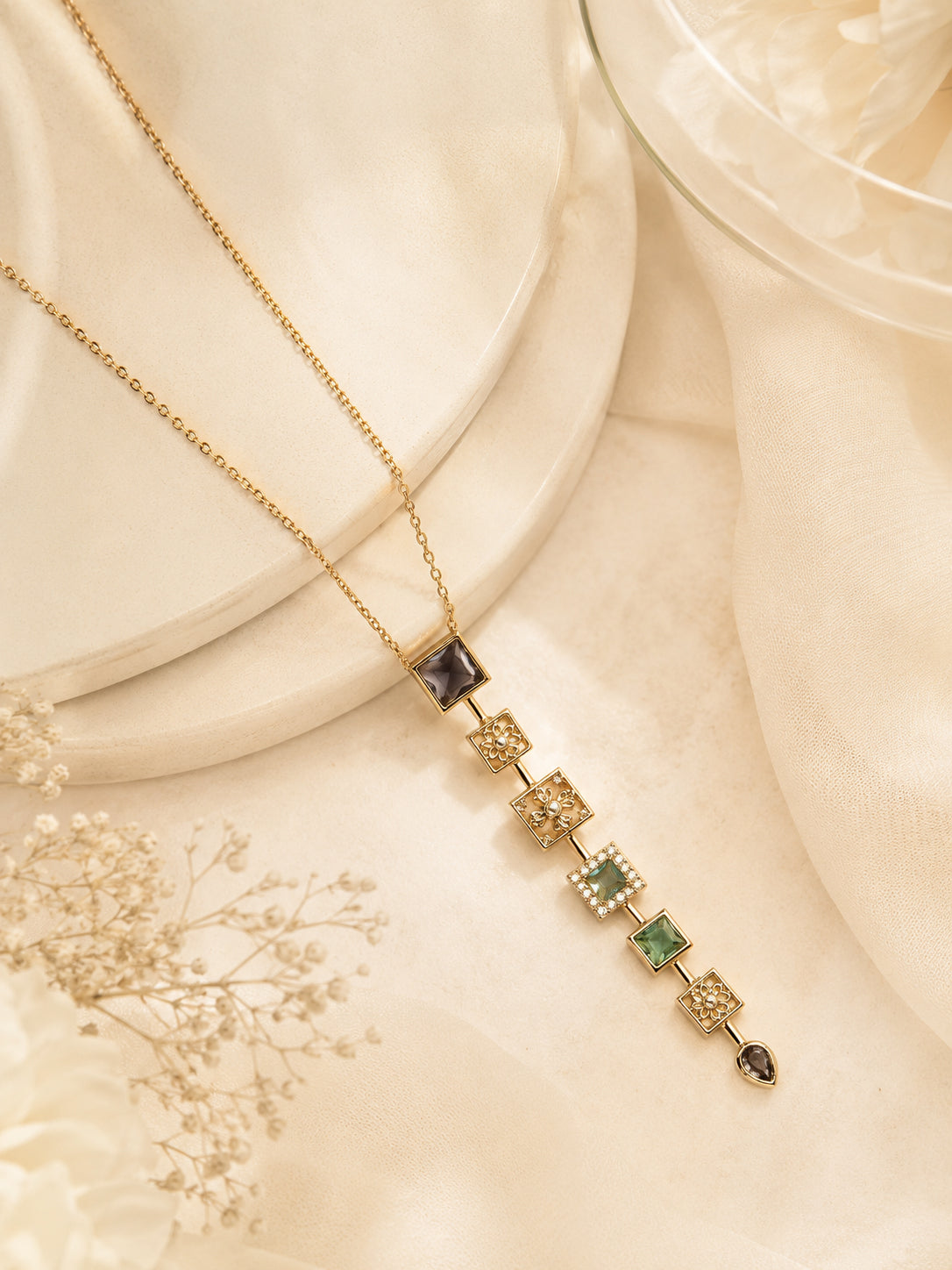 Aanura Linear Square Drop Statement Necklace