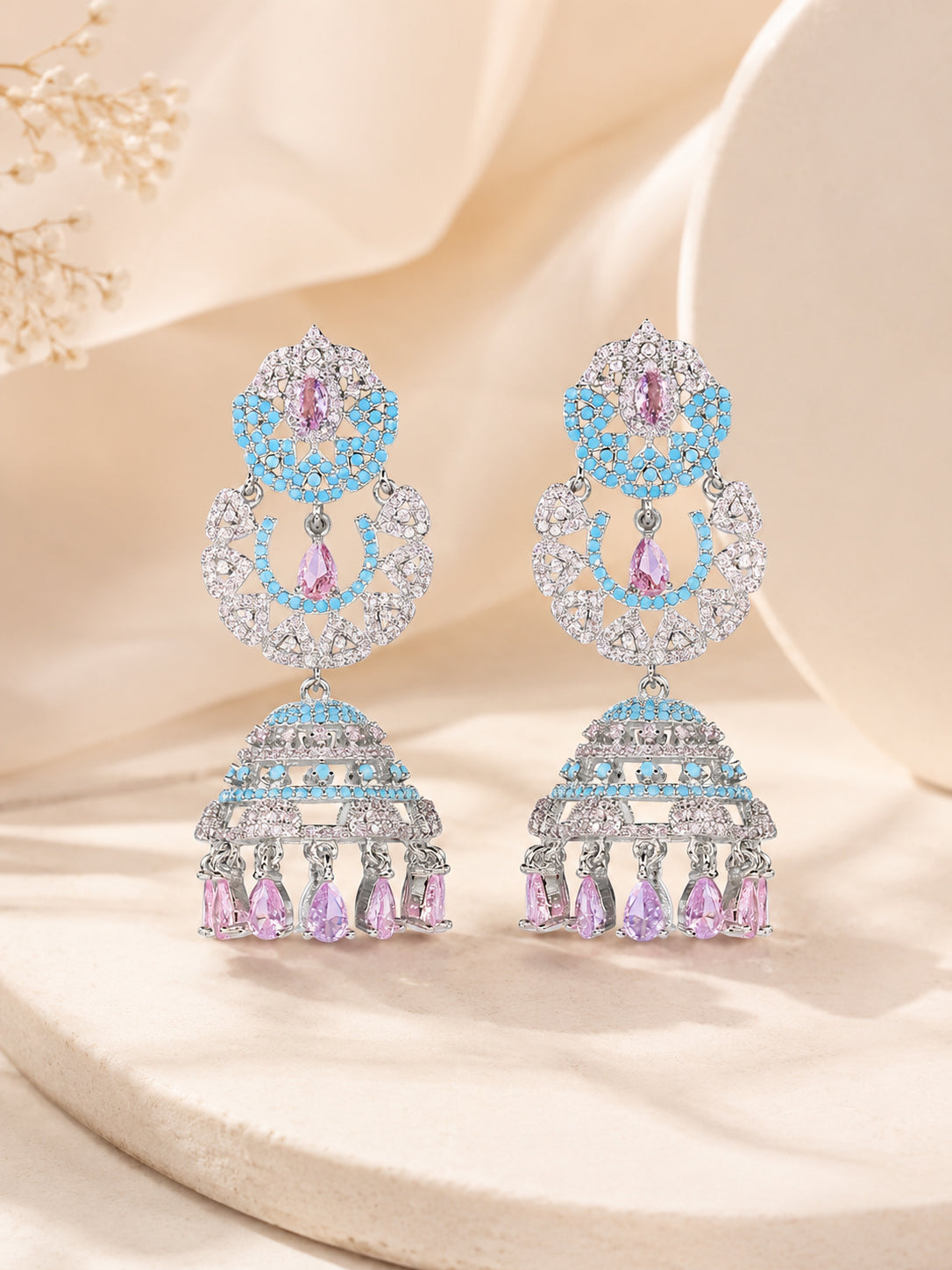 Aanura Silver Pink Crystal Oval Drop Earrings