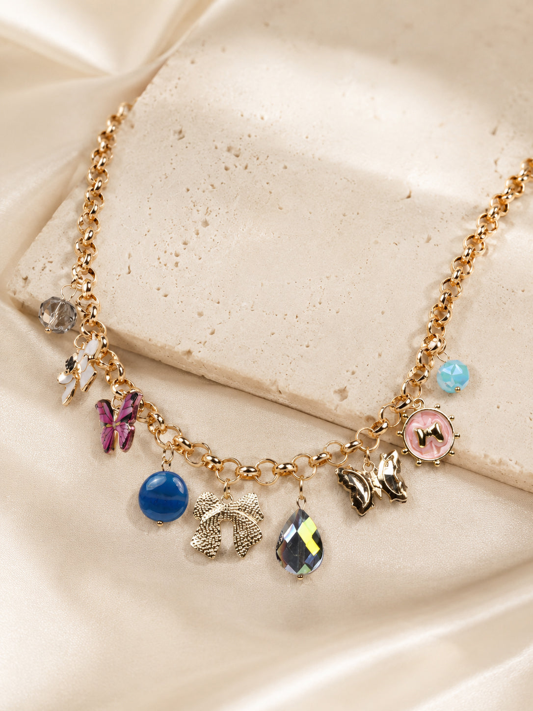 Aanura Gold Charm Necklace with Multicolor Pendants