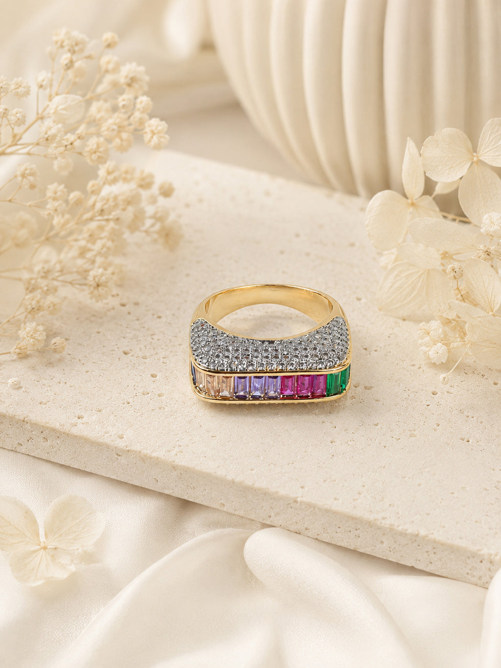 18K Gold Plated Rainbow Pavé Anti-Tarnish Waterproof Ring