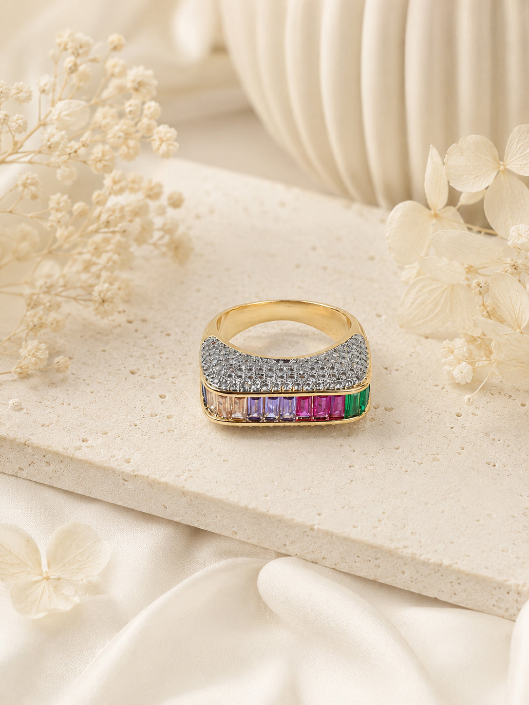 18K Gold Plated Rainbow Pavé Anti-Tarnish Waterproof Ring