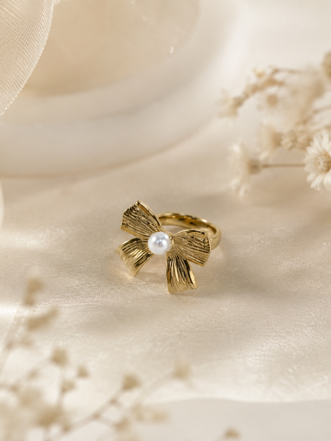 18K Gold-Plated Blossom Bow Ring with Pearl – Anti-Tarnish & Waterproof