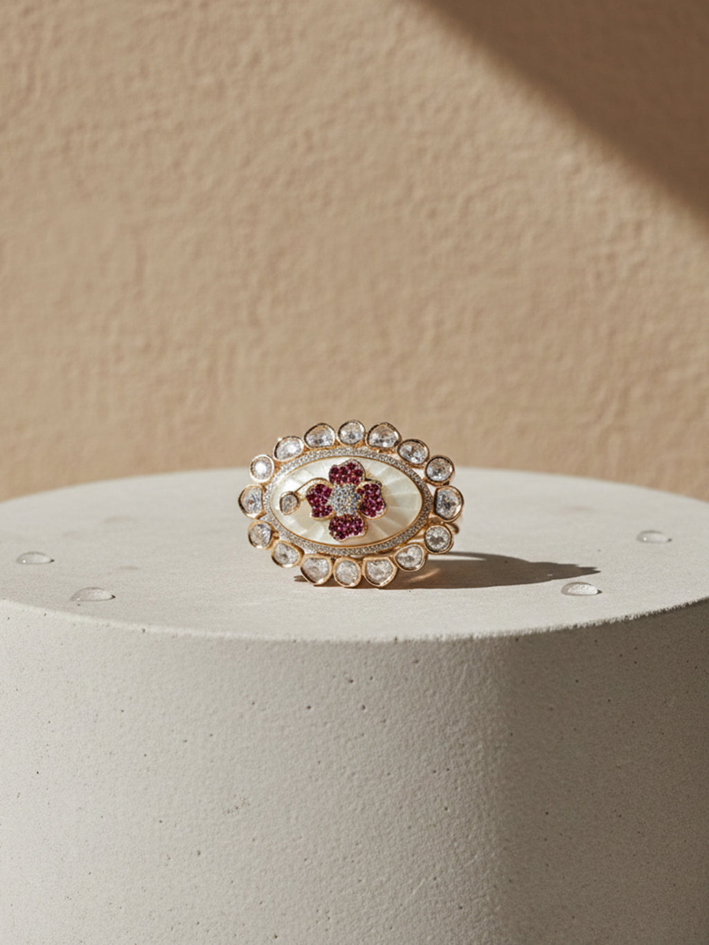 Aanura Gold-Plated Floral Oval Ring with Stones