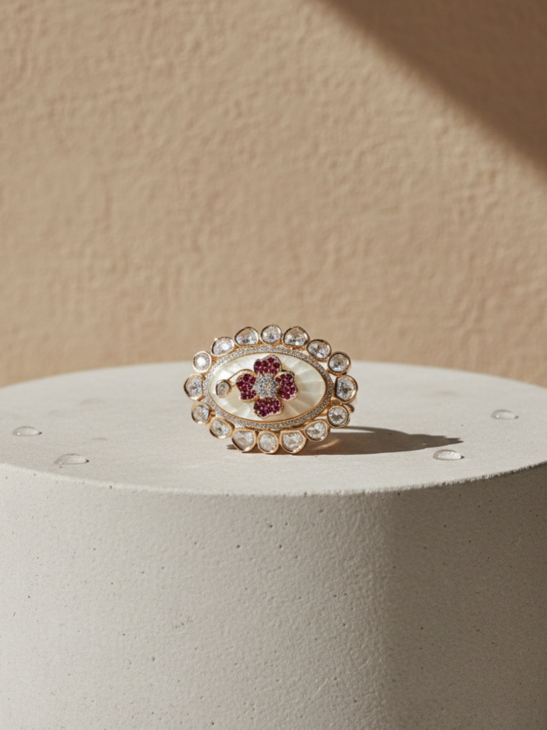 Aanura Gold-Plated Floral Oval Ring with Stones