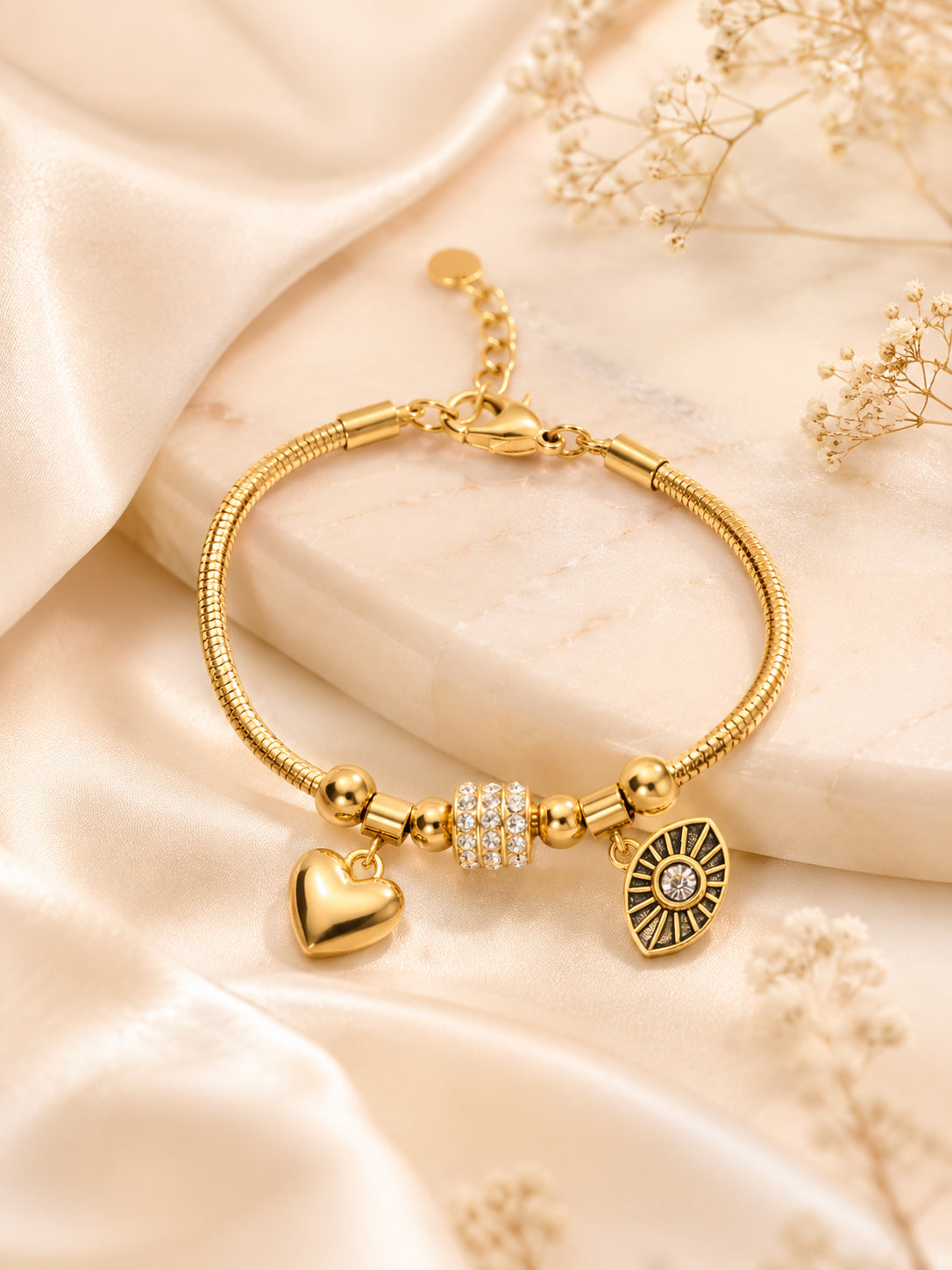 Aanura Gold Evil Eye & Heart Charm Bracelet