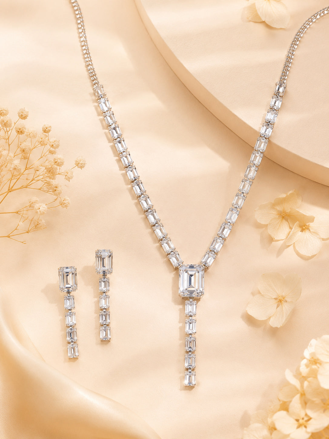 Aanura Clear Baguette Drop Necklace Set