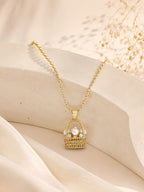 Oval-Link Pearl Basket Charm Necklace in 18K Gold Plating