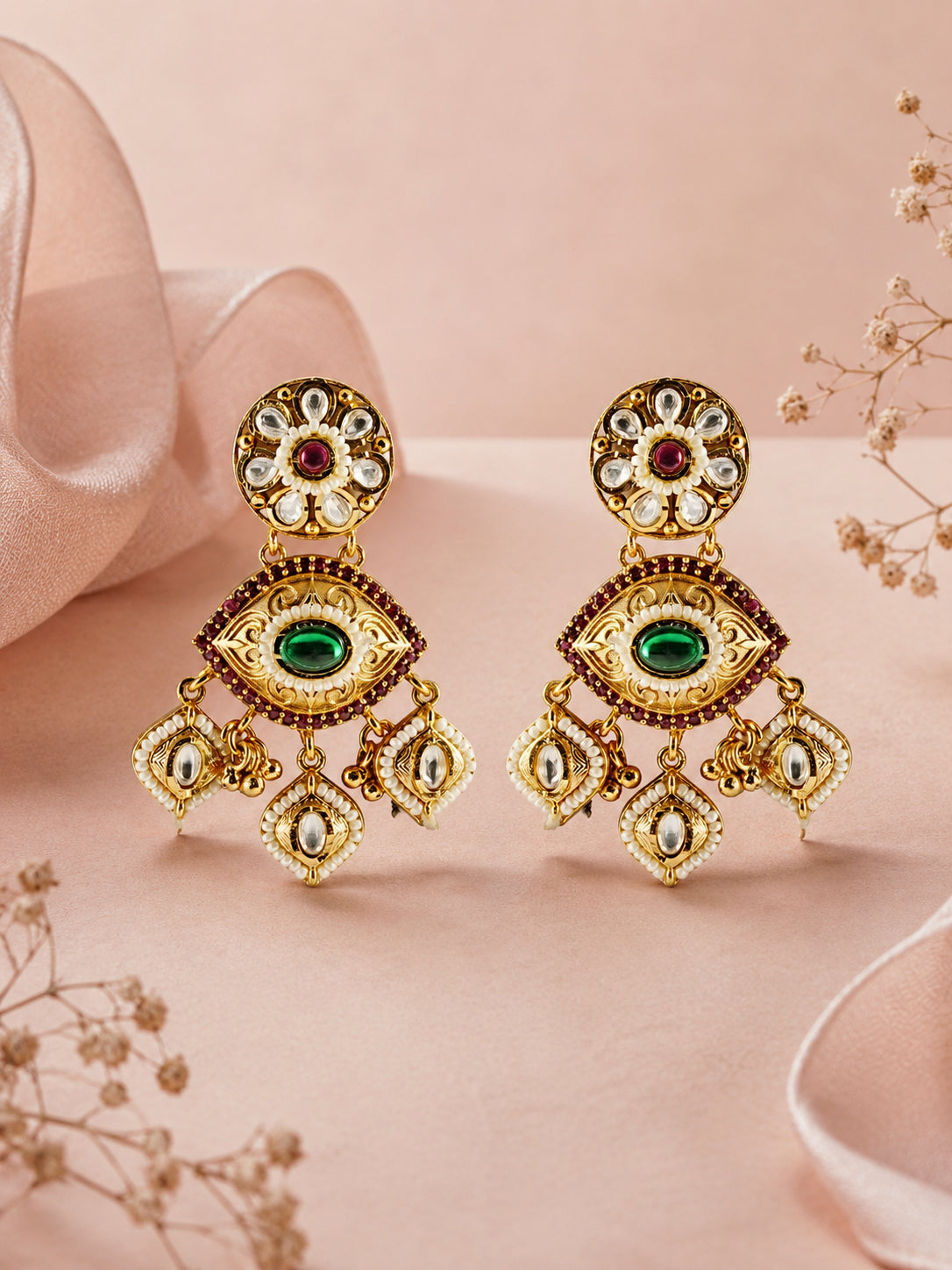 Aanura Gold-Plated Green Ruby Floral Drop Earrings