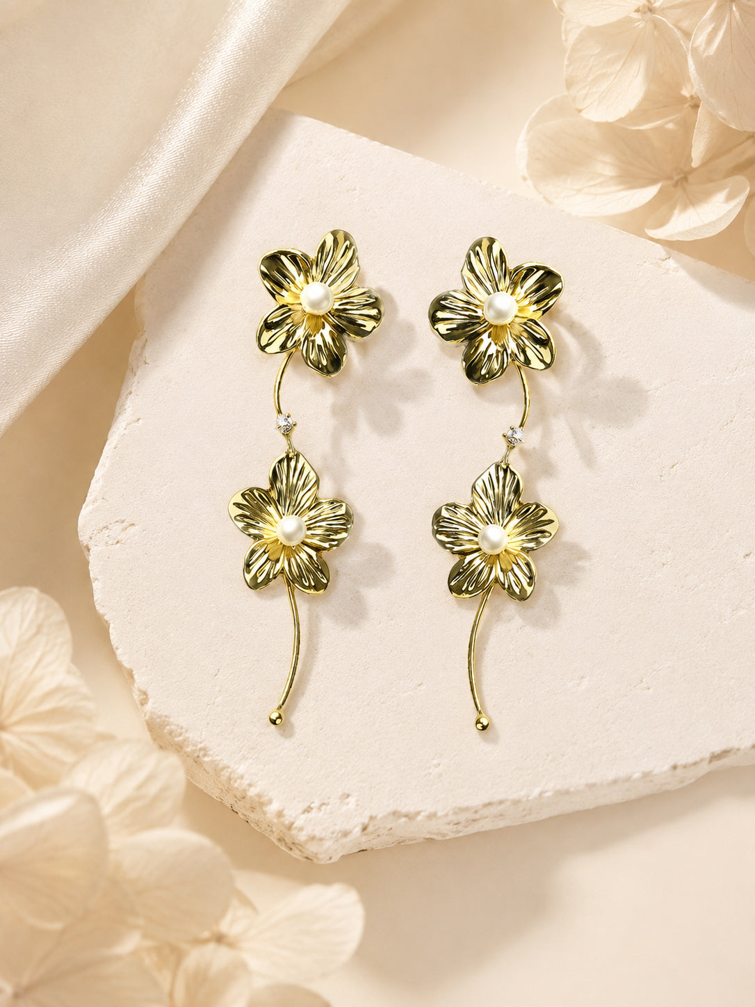 Aanura Pearl Center Floral Long Drop Earrings