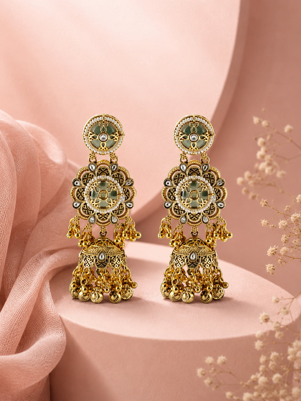 Aanura Green Enamel Antique Floral Earrings