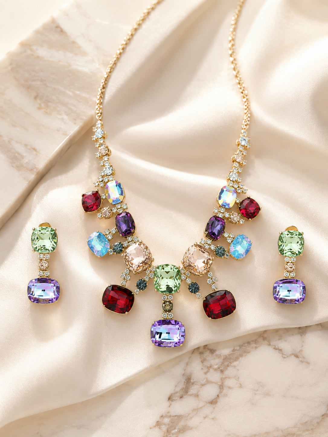 Aanura Multi-Colour Crystal Necklace Set with Earrings