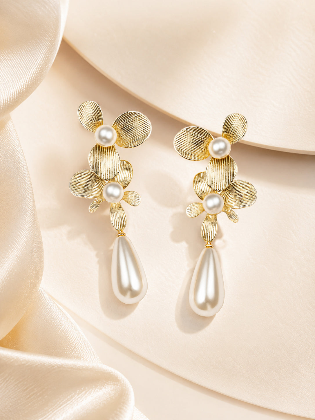 Aanura Floral Pearl Drop Gold Statement Earrings