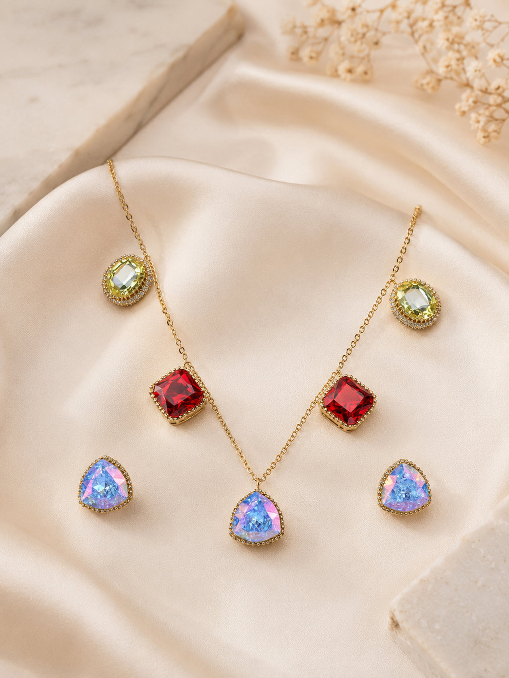Aanura Multicolor Gemstone Necklace Set in Stainless Steel