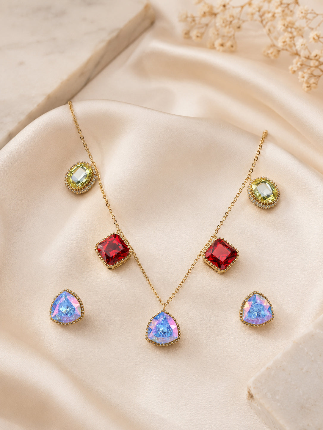 Aanura Multicolor Gemstone Necklace Set in Stainless Steel