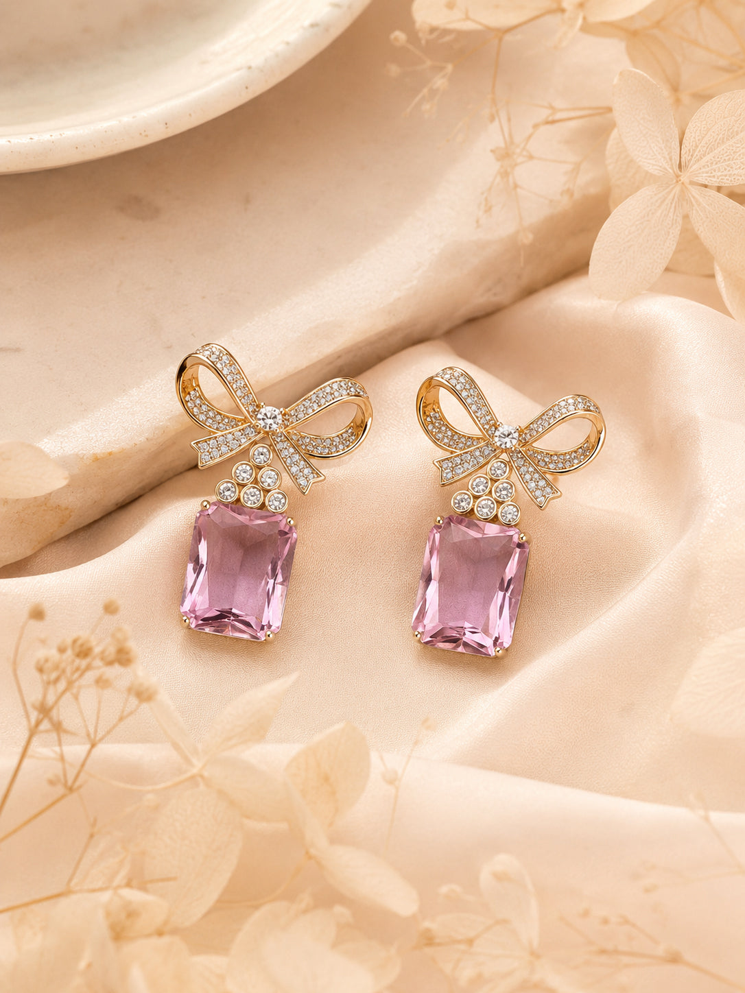 Pink Bow Gemstone Drop Earrings – Aanura