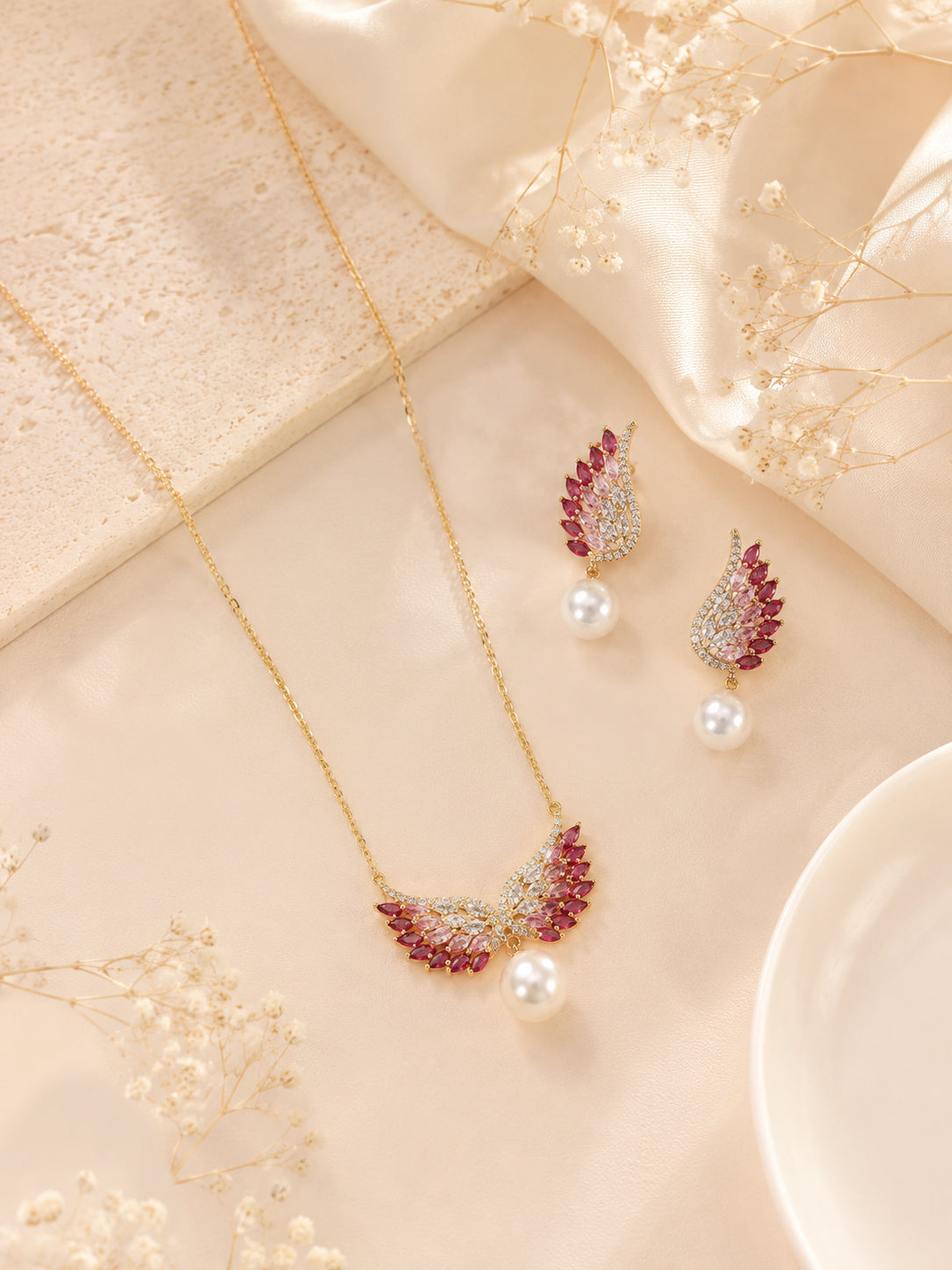 Aanura Wing Pearl Necklace & Earrings Set