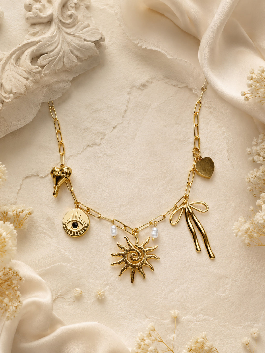 Aanura Gold Charm Necklace with Sun & Heart Pendants