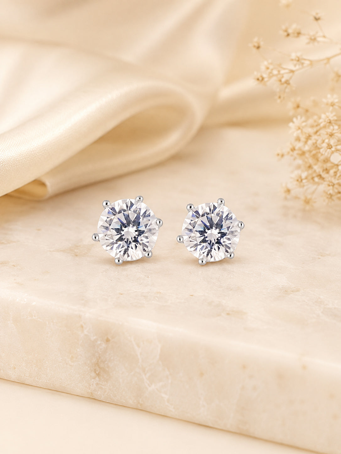Rhodium Plated Solitaire Crystal Stud Earrings