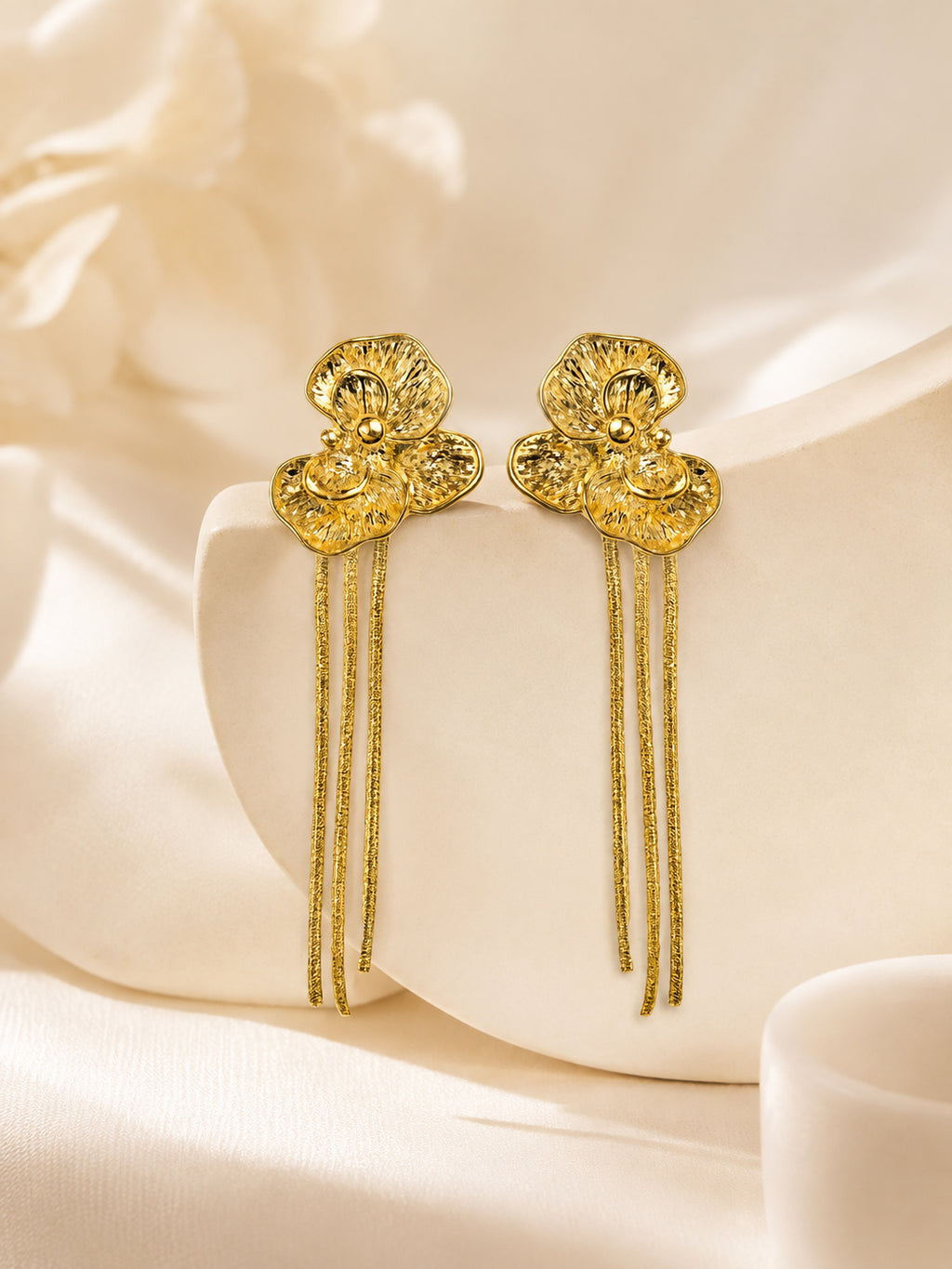 Aanura Golden Floral Tassel Earrings
