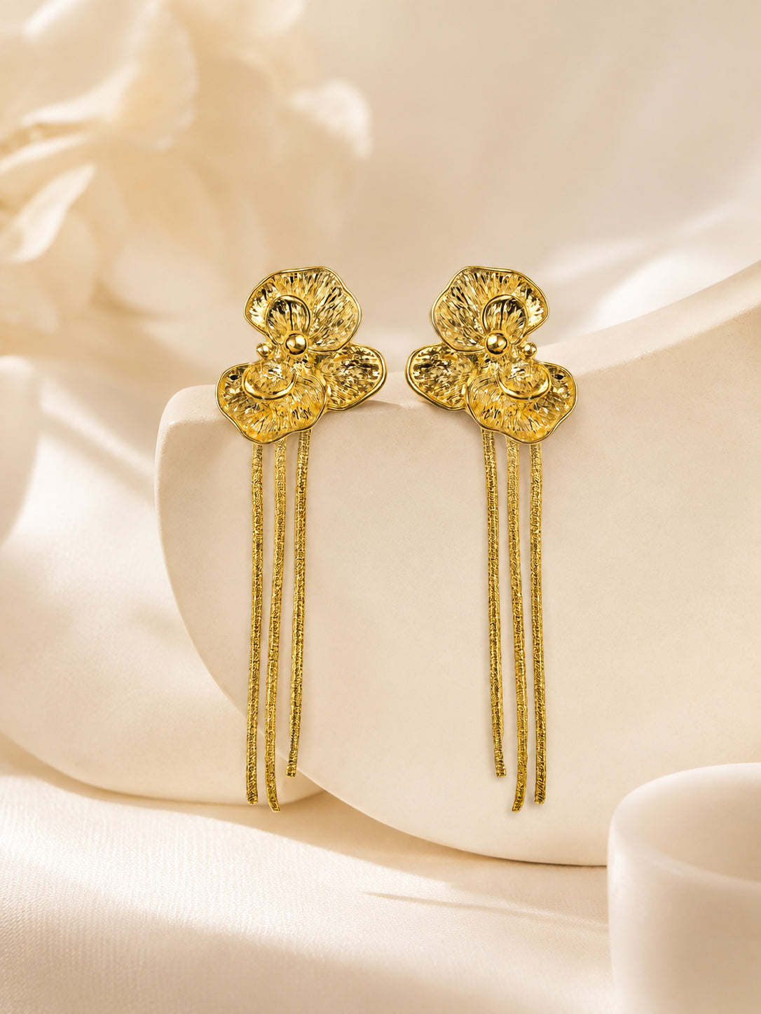 Aanura Golden Floral Tassel Earrings