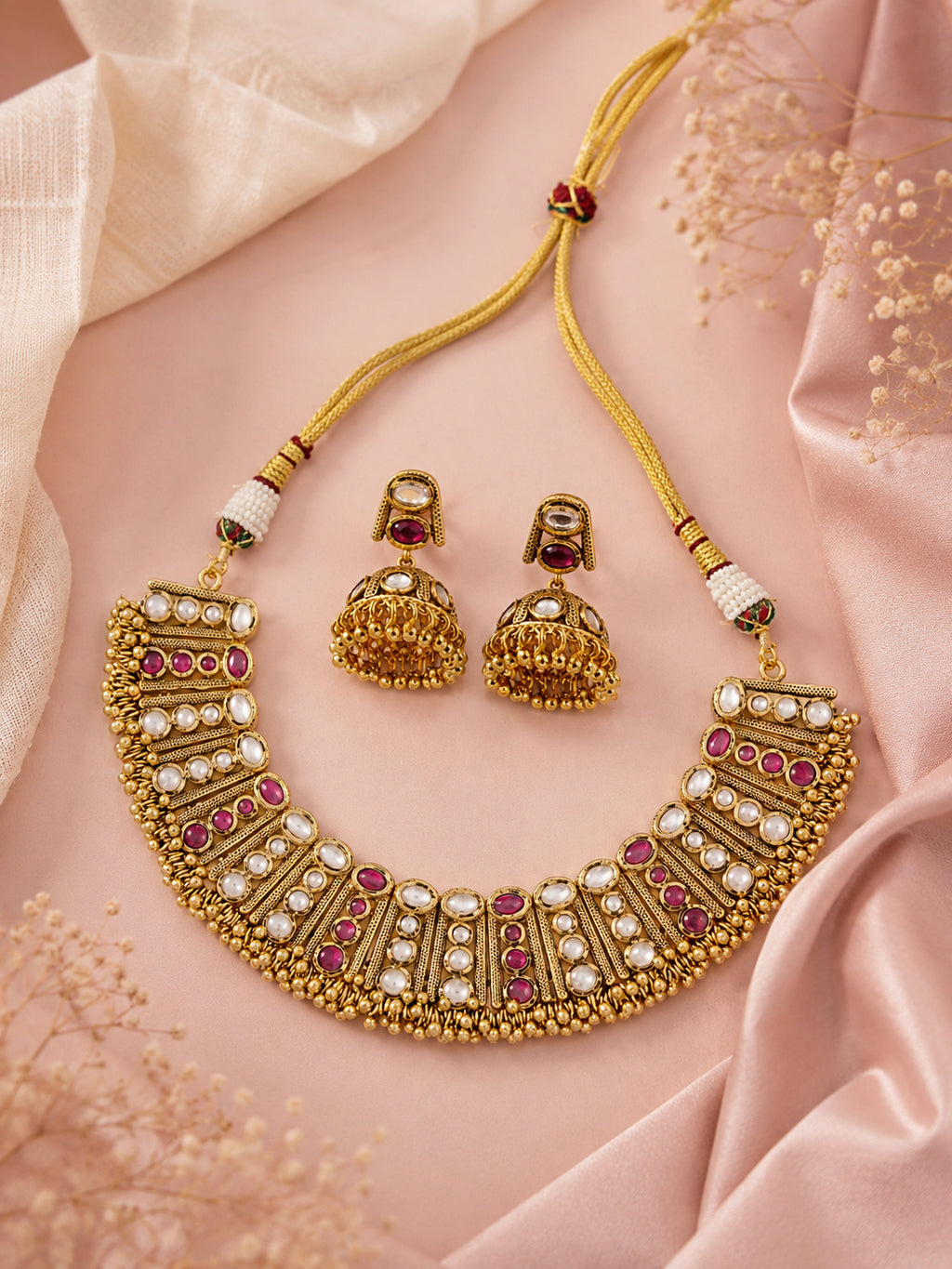 Aanura Antique Gold Ruby & White Stone Choker Set