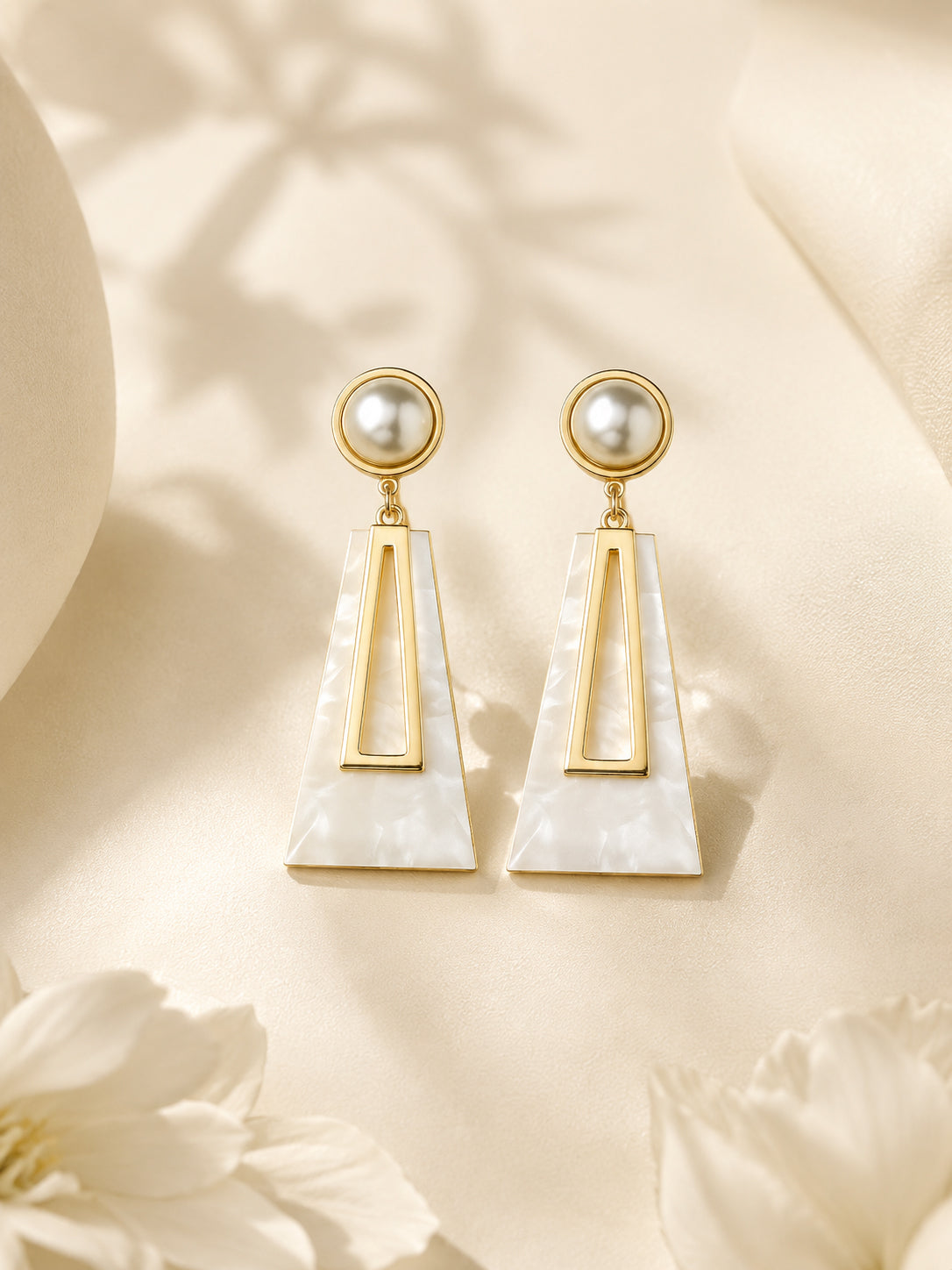 Aanura Pearl Geometric White Gold Drop Earrings