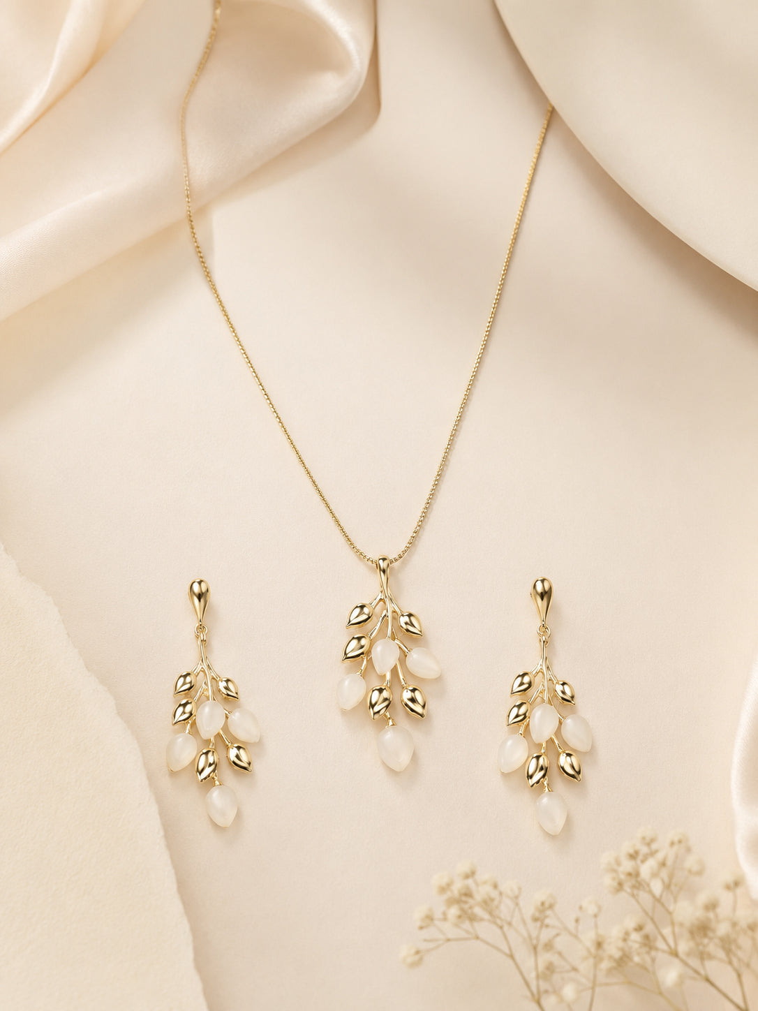 Aanura Golden Leaf Drop Necklace & Earrings Set