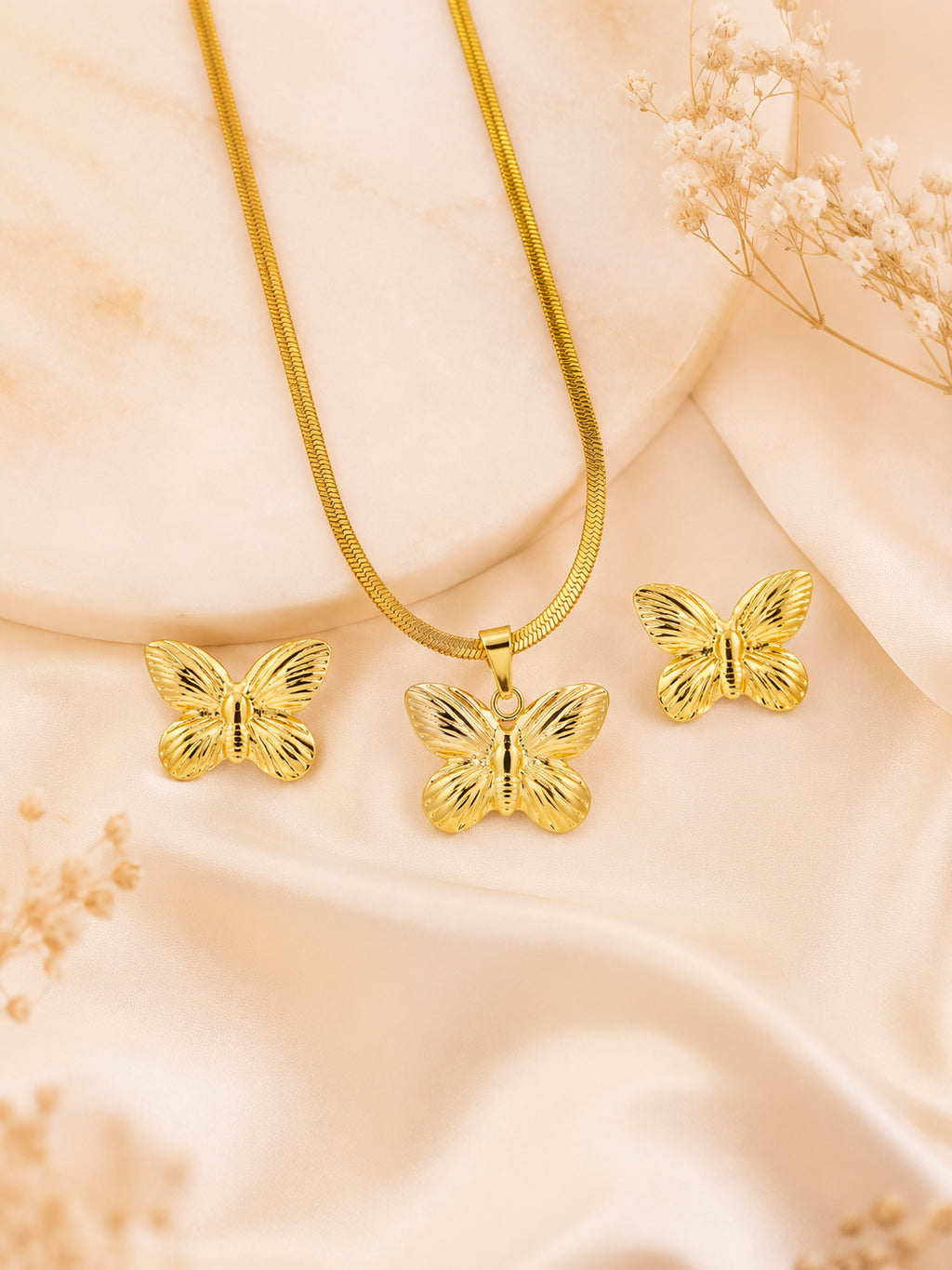 Butterfly Snake Chain Pendant & Stud Set in 18K Gold Plating
