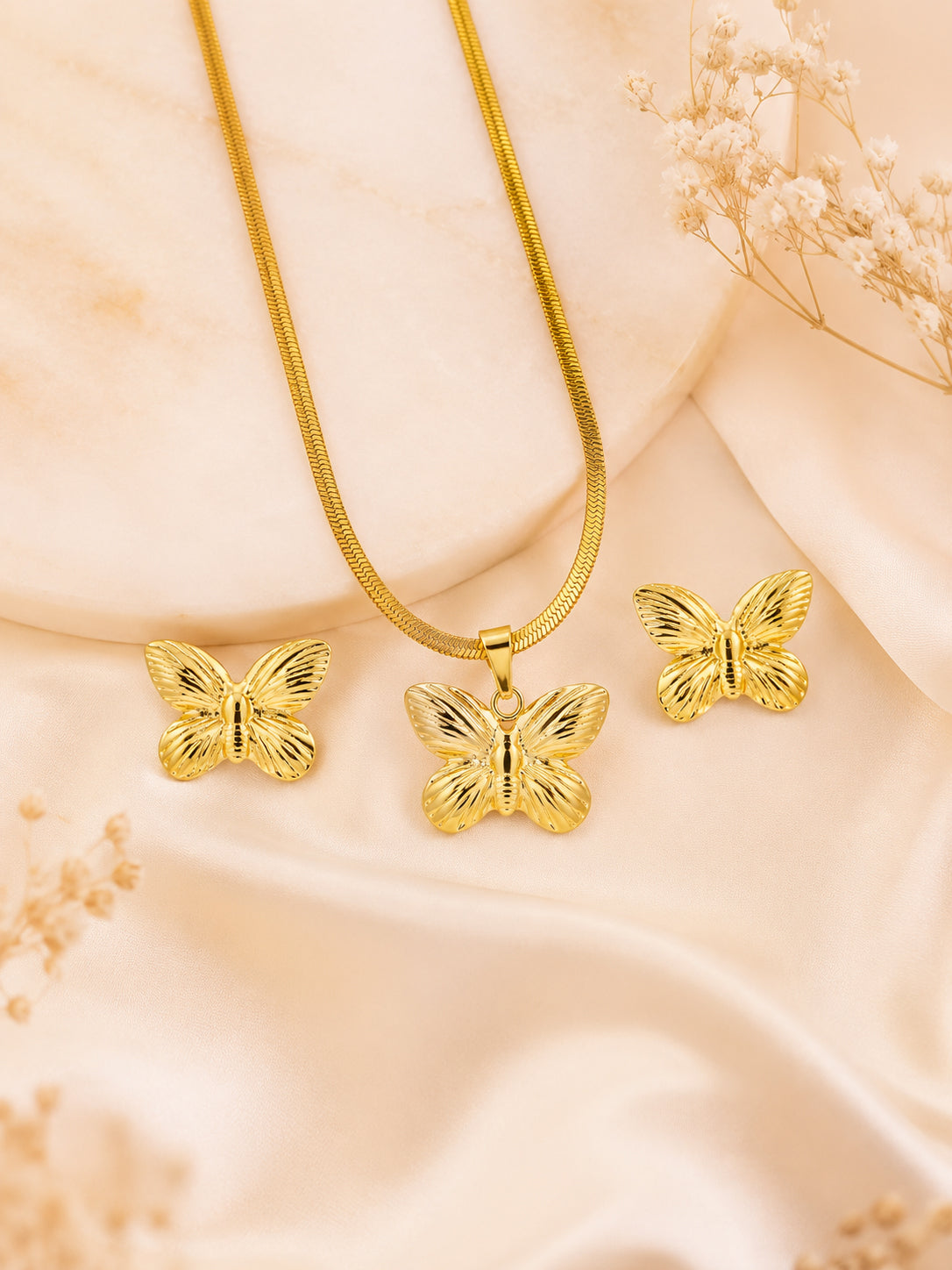 Butterfly Snake Chain Pendant & Stud Set in 18K Gold Plating