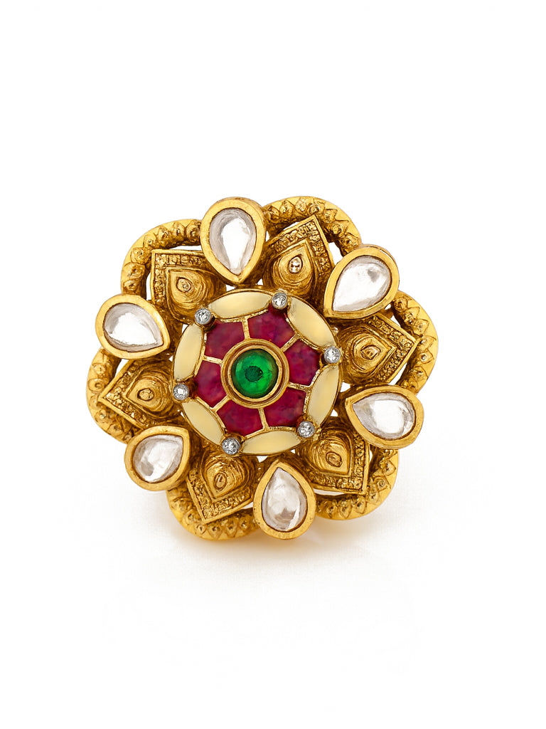 Aanura Gold-Plated Floral Kundan Green Ruby Ring
