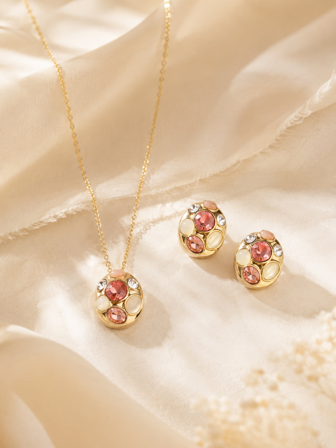 Aanura Peach Cluster Necklace & Earrings Set