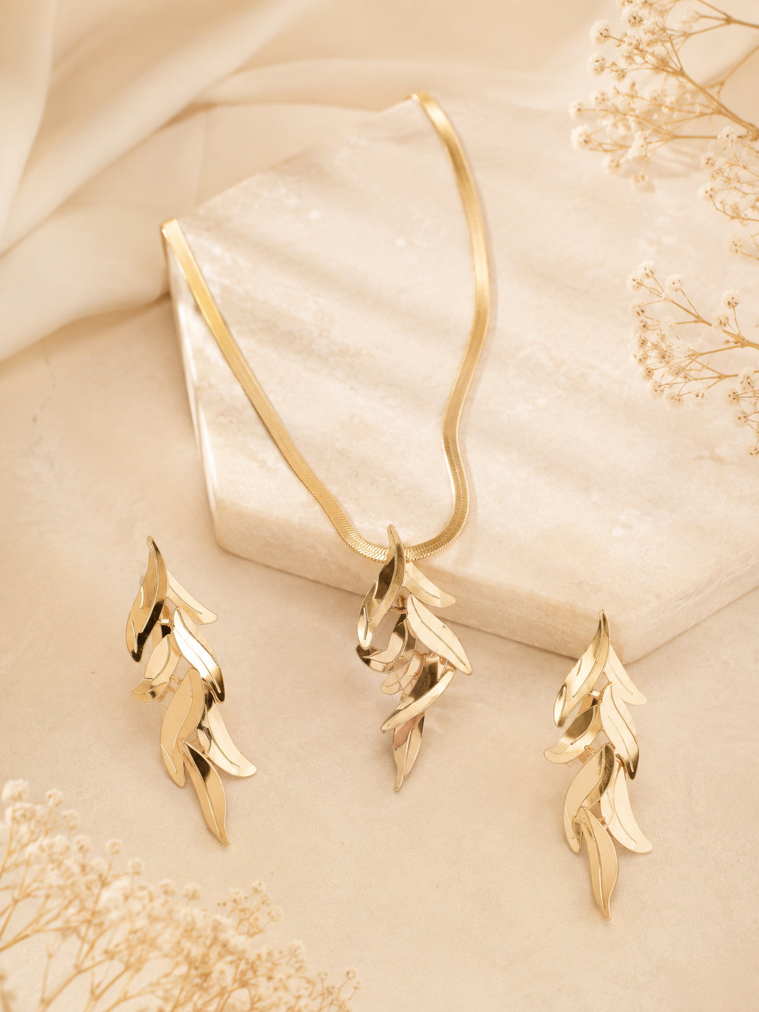 Aanura Golden Leaf Cascade Necklace & Earrings Set