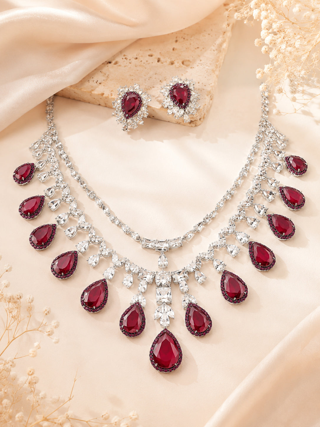 Aanura Ruby Teardrop Layered Necklace Set Stainless Steel