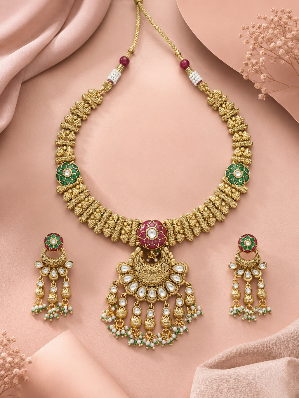 Aanura Bridal Kundan Pearl Choker Necklace with Earrings