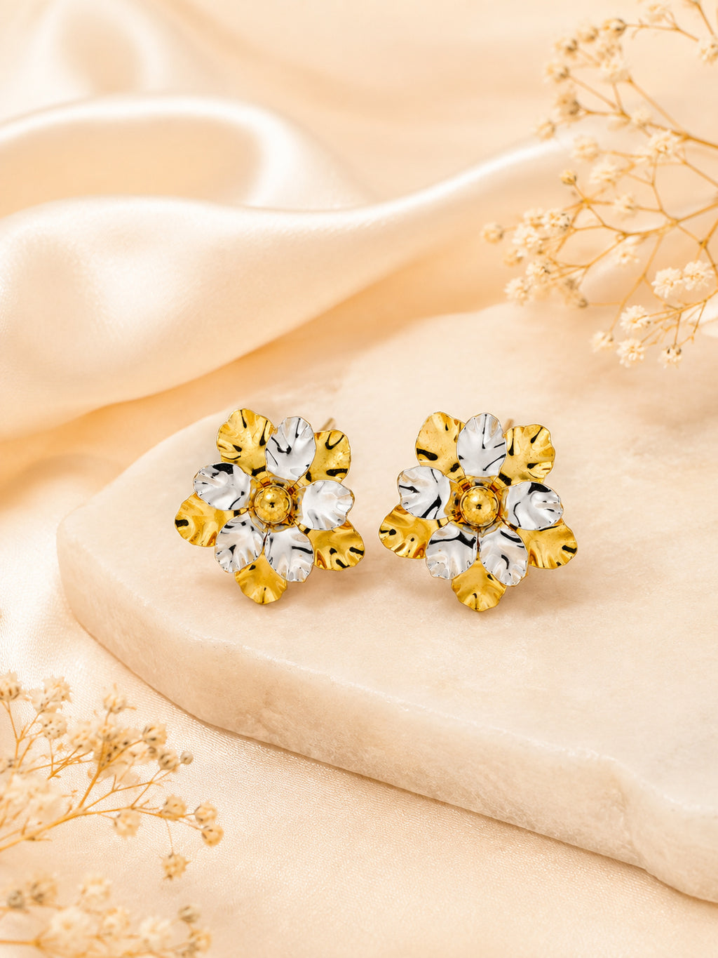 Aanura Dual Tone Floral Gold Statement Earrings