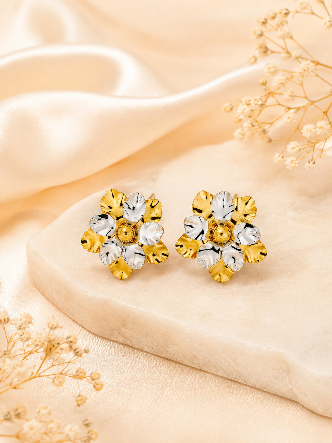 Aanura Dual Tone Floral Gold Statement Earrings