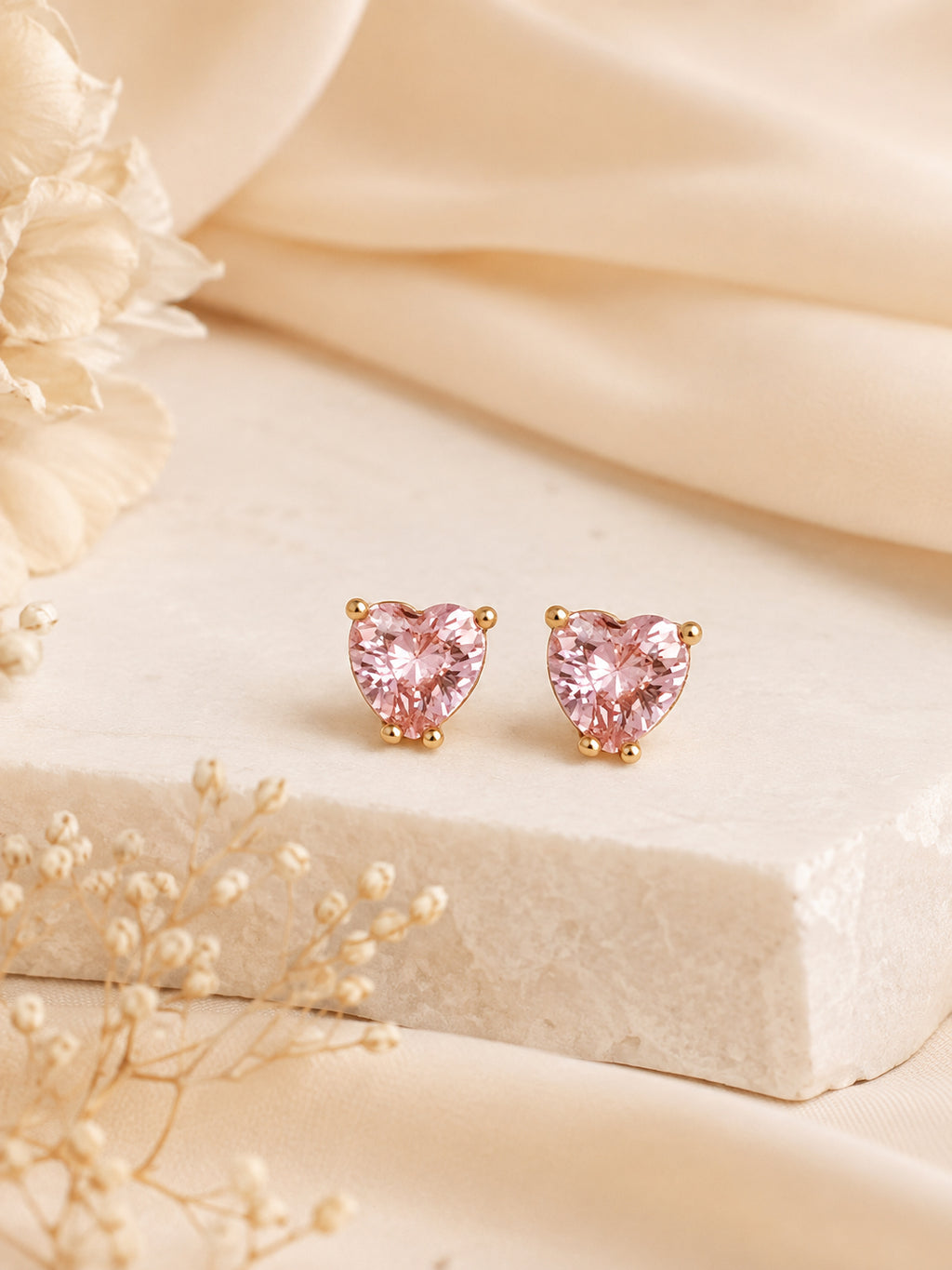 18K Gold Plated Anti-Tarnish Pink Heart Stud Earrings
