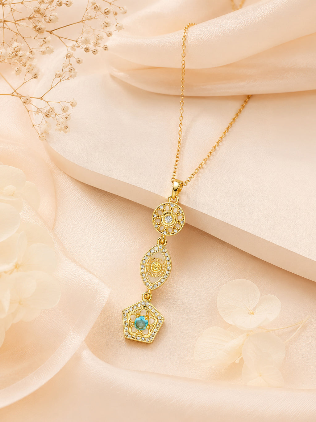 Gold Plated Celestial Aqua Stone Drop Necklace