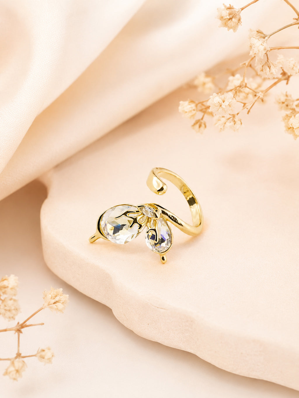 18K Gold Plated Anti- Tarnish Crystal Leaf Open Ring