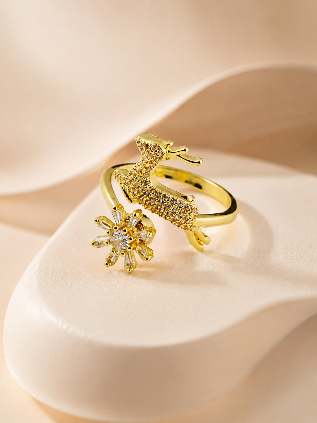 18K Gold Plated Tarnish-Resistant Deer Flower Crystal Ring