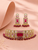 Aanura Red Stone Bridal Choker Set with Earrings