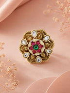 Aanura Gold-Plated Floral Kundan Green Ruby Ring