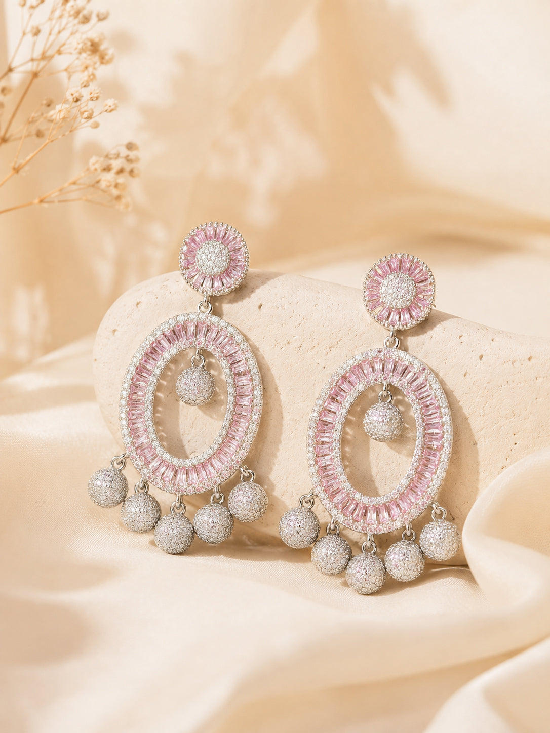 Aanura Pink Baguette Oval CZ Cluster Drop Earrings